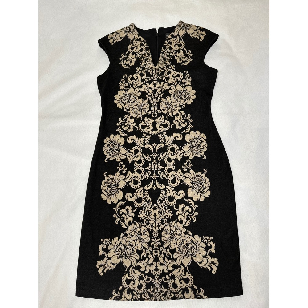 Connected Apparel Black White Floral Damask V-Neck Sheath Dress Size 6 Midi
